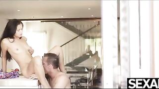 The girl was fucked at the kitchen table in doggy style