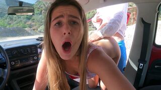 A hot blonde babe got fucked hard in the car on public parking!