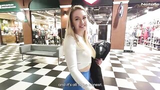 A hot blonde with big ass gets fucked in the shopping mall toilet for cash
