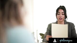 A busty brunette woman scissored with her sexy lawyer in a steamy session