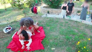 Brunette woman fucked in her pussy and ass by strangers on the meadow