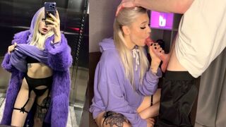 A sexy girl met a guy in the elevator and got cum on her tits