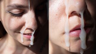 The girl gets a huge cumshot on her cute face