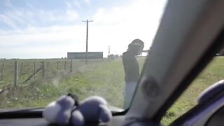 A couple on a road trip got horny and fucked in public, with a messy finish