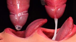 Girl broke the condom and got all the cum in her mouth, doing ASMR sucking