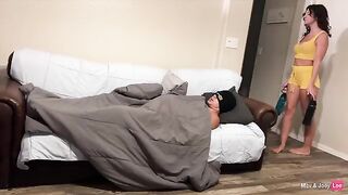 Horny wife fucks her husband's friend on the couch, getting creampied