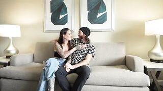 A stunning brunette gives her boyfriend an intense double BJ experience