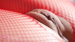 Honey's wet pussy covered with cum in close up