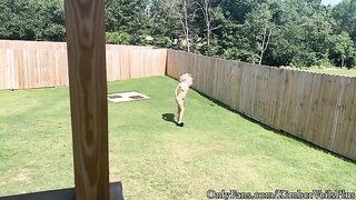 A girl gets undressed in the backyard and then has sex on the porch
