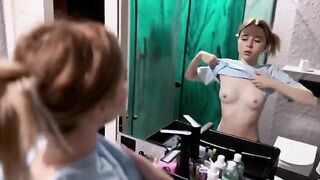 The girl prepared a surprise for her boyfriend in the bathroom