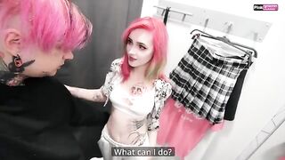 A hot chick is having fun with a guy in a dressing room