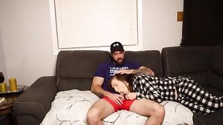 A stepson got his cock sucked by his steaming-hot stepmom on the couch