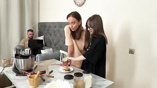 Two hot lesbians having fun while making syrniki, a Russian treat