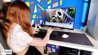 A guy interrupted her gaming session to fuck her boobs