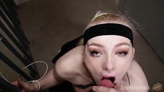 A beautiful girl with deep blue eyes was fucked on the doorstep