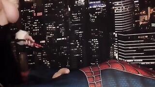 Black Cat Cosplay to Drain Spider-Man's Balls through Handjob Skills