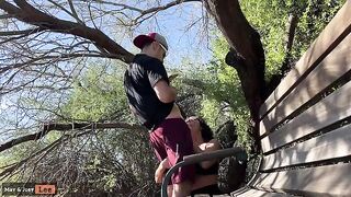 A busty girl almost gets caught performing a blowjob by the lake