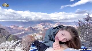 Hiking and fucking on a cliff with a busty blonde amateur couple
