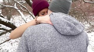 A couple fucked in the snow by husband and friend, no condoms