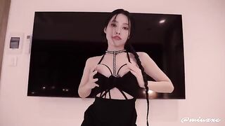 Asian girl in black dress, high heels, squirted and cum inside her