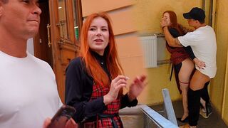 A busty girl made a blowjob in the vestibule and then had sex at the YouTuber’s place