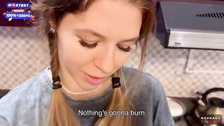 Flatmate girl doesn't mind occasional sex in the kitchen and getting cum on her pigtails