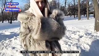 Stranger picked up while walking the dog, fur coat scene
