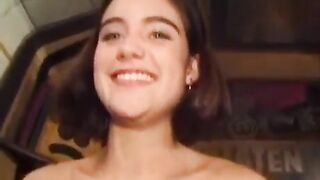 A cute girl with small breasts has a big hairy pussy