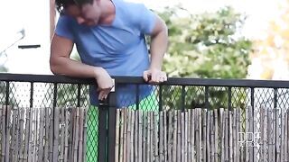 A neighboring guy has sex with a busty brunette with natural tits