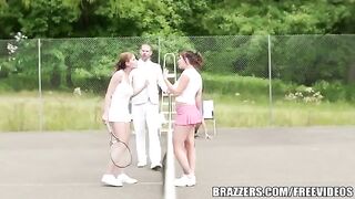 A girl was fucking with her friend on a tennis court wearing a skirt