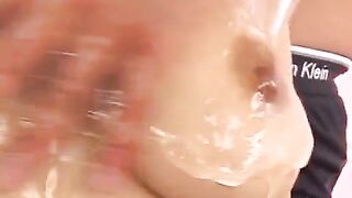 Oily handjob with a Japanese girl with big boobs, Asian tight pussy