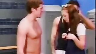 A cute schoolgirl got into a mess in the locker room with the guys