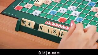 The blonde seduced the old shy peasant in the kitchen on the table