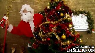 A Russian slut is serving five different Santa Clauses
