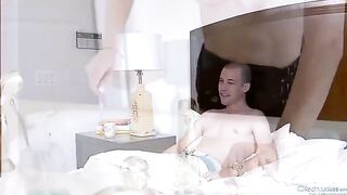 Amber Rain has a threesome sex with her husband and his friend on the bed