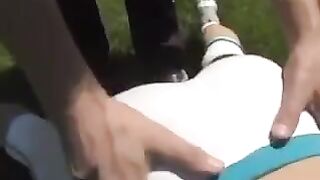 Hot cum on big tits of busty brunette
