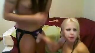 Blonde with large tits has virtual sex using a webcam and a strapon