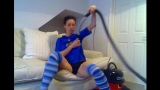 The girl has an orgasm with the help of a vacuum cleaner or masturbates with it