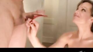 The powerful blowjob from a stunning woman with impressive boobs
