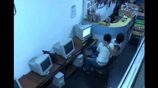 Guy masturbates his cock in the internet cafe webcam show