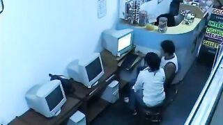 Guy masturbates his cock in the internet cafe webcam show
