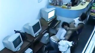 Guy masturbates his cock in the internet cafe webcam show