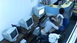 Guy masturbates his cock in the internet cafe webcam show