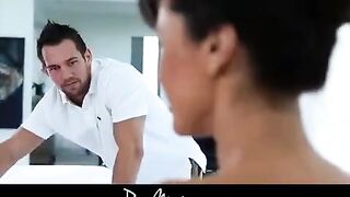 Woman rubs oil on her big boobs and has sex
