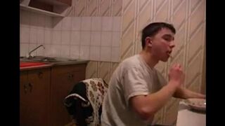 A mother with cancer is fucking her son in the kitchen for nutrition