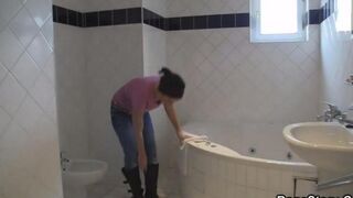 Brunette with natural tits has a passionate sex after shower