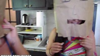 The little girls wear on their heads bags with some sexy content