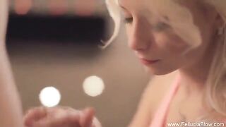 A blonde is having fun with a stud in the studio, showcasing her skills