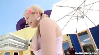 The blonde girl has a long dick and she sucks it with pleasure