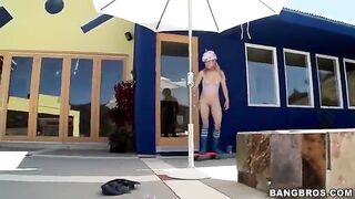 The blonde girl has a long dick and she sucks it with pleasure